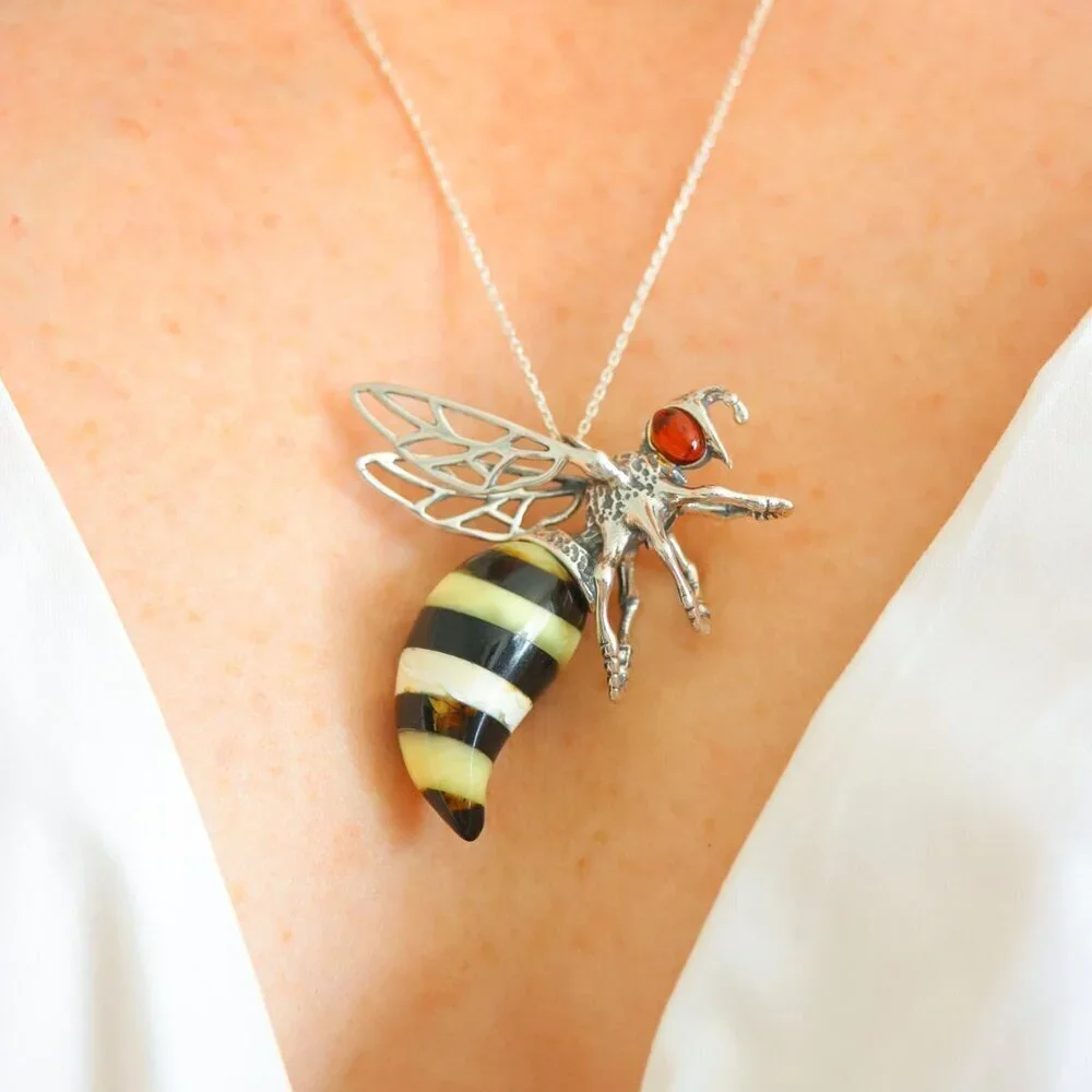 Baltic Amber Bumble Bee Pendant Necklace 925 Sterling Silver